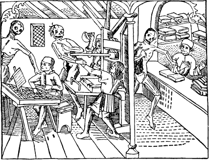 Подпись: Древнейшее изображение печатного стана на гравюре «Танец смерти». Лион, 1500